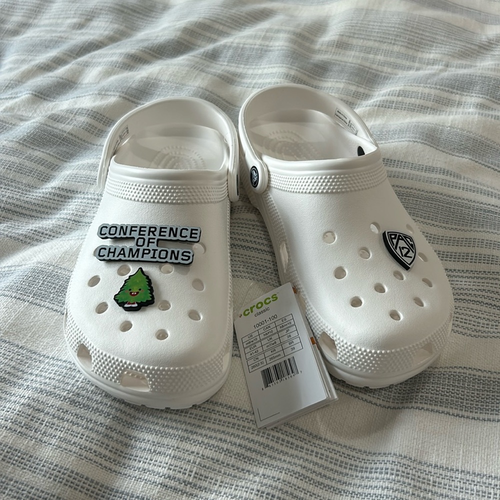 White Crocs with PAC-12 jibbitz